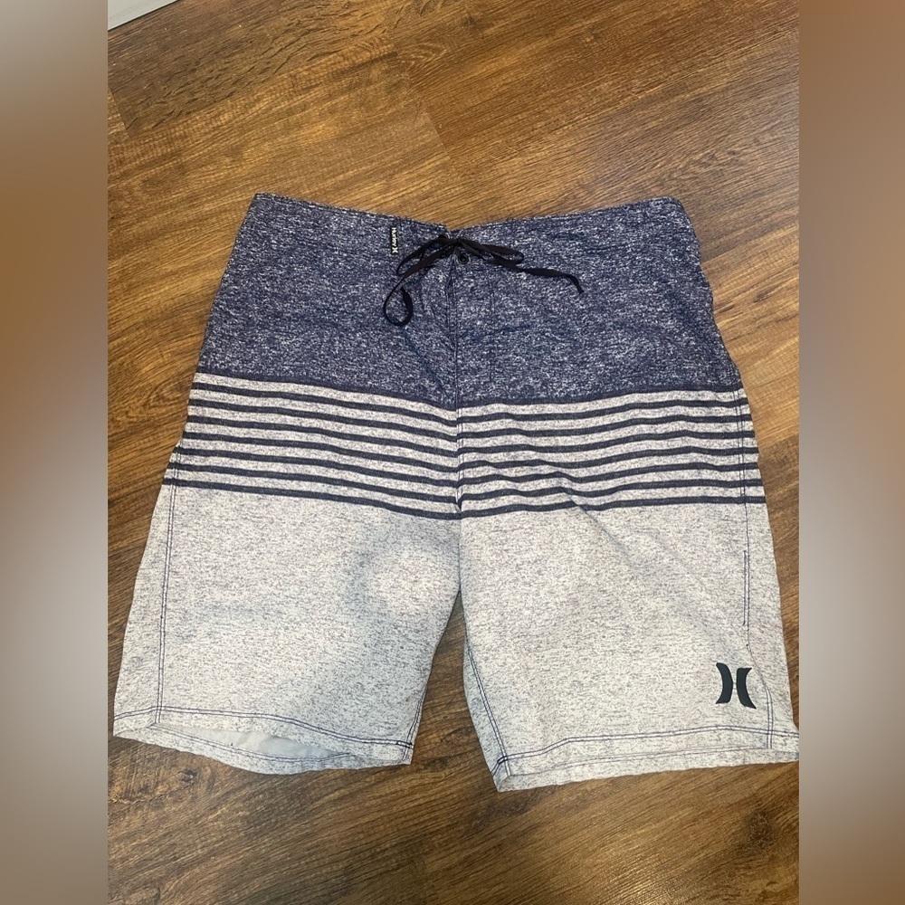 Hurley Men's Navy and Gray Striped Swim Trunks